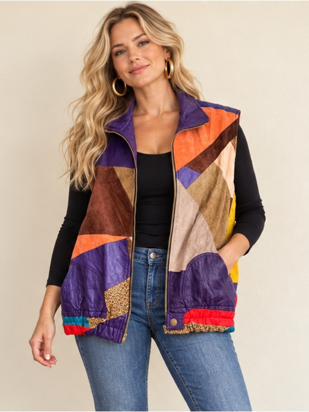 RARE Ellh Johnston XL Vintage Patchwork Leather Vest Multicolor 80s Retro